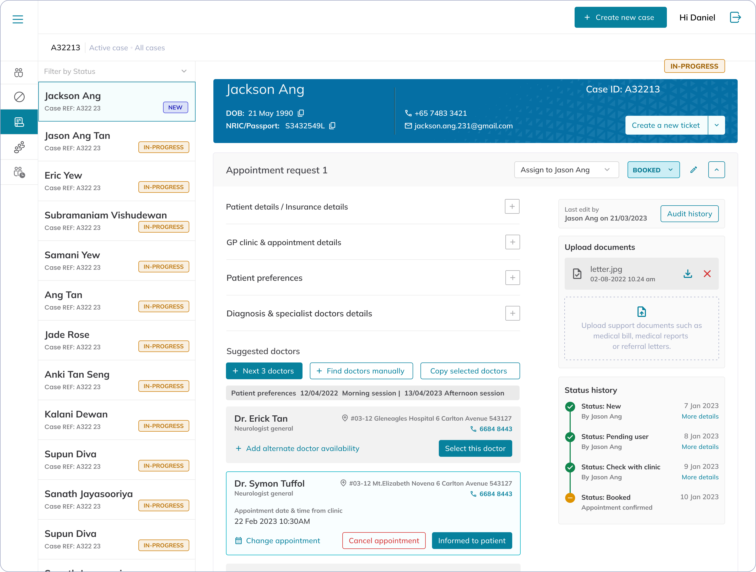 Create a new case — stepped GP clinic & appointment details form with insurer policy, benefits and exclusions