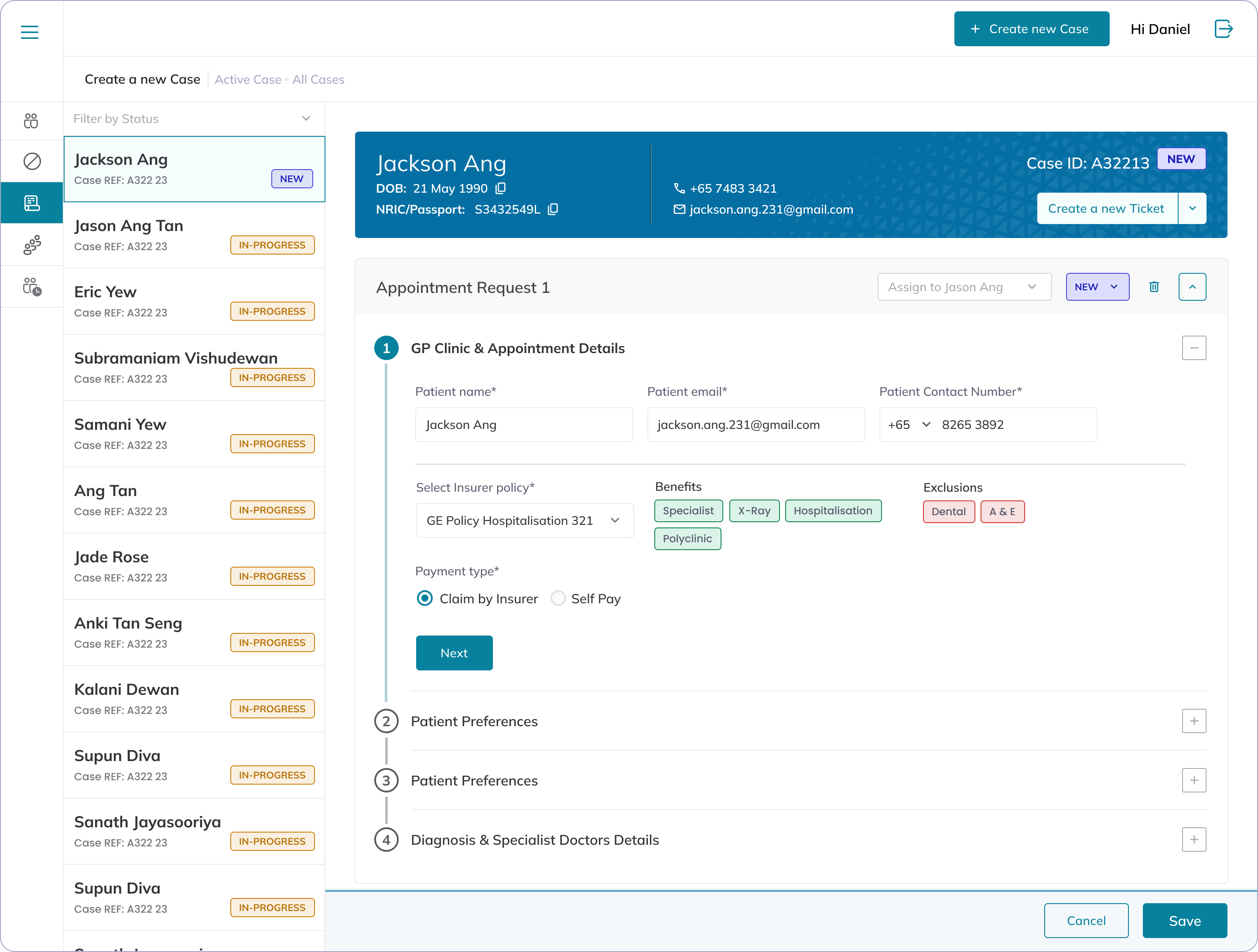 Create a new medical-concierge case with GP appointment details, insurer policy, benefits and exclusions