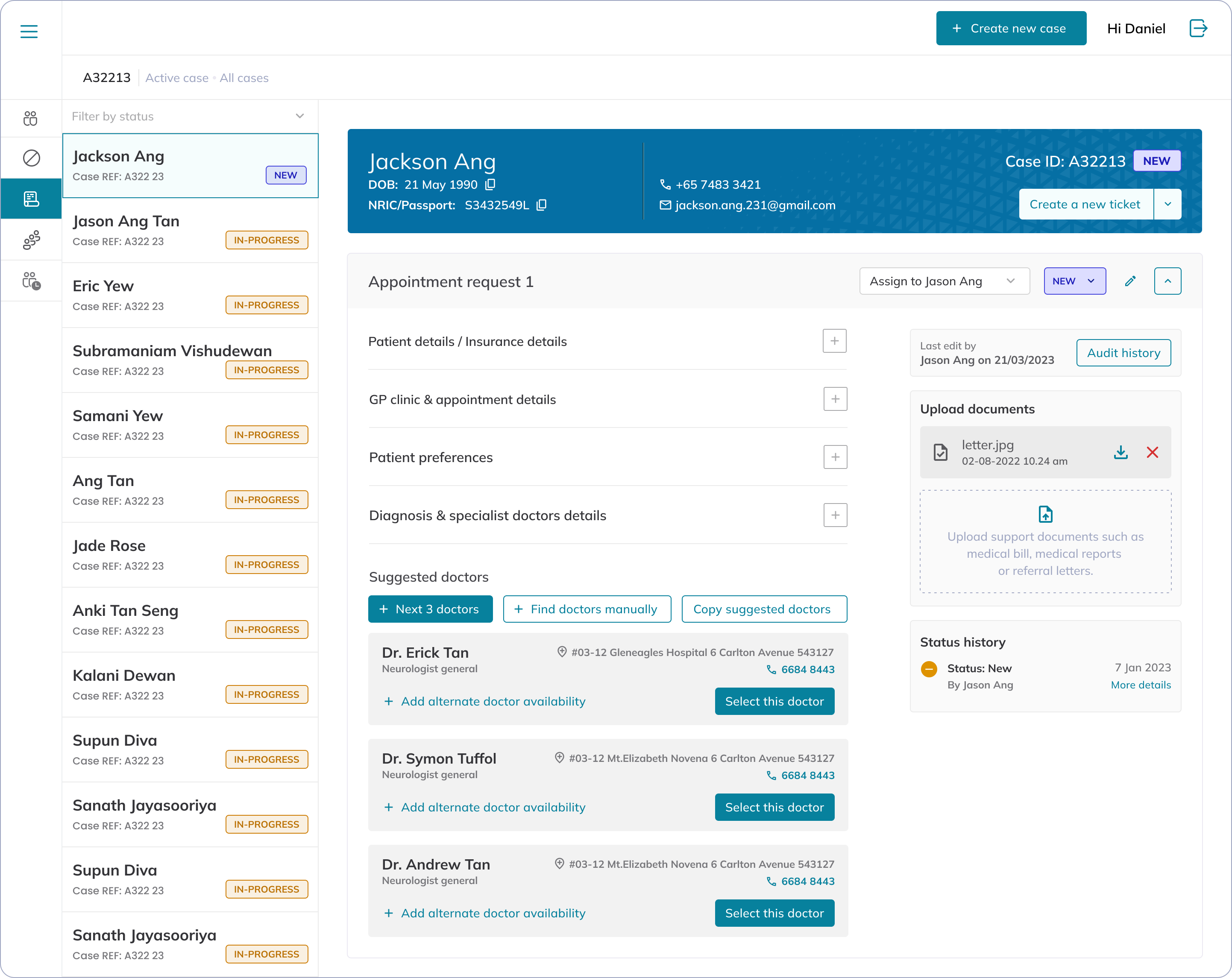 Medical concierge case workspace with tickets, suggested doctors and status history