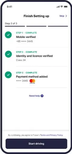 Flexar setup progress screen showing mobile, identity and payment steps completed before driving