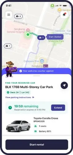 Flexar map showing an active reservation and the action to start the rental