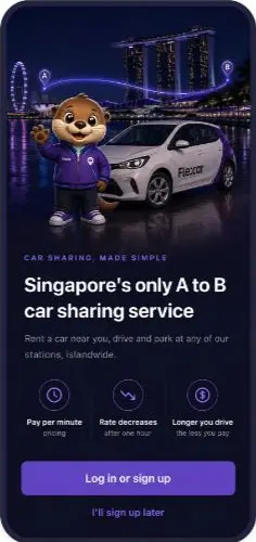 Flexar welcome screen introducing the car-sharing service with options to log in, sign up or continue later