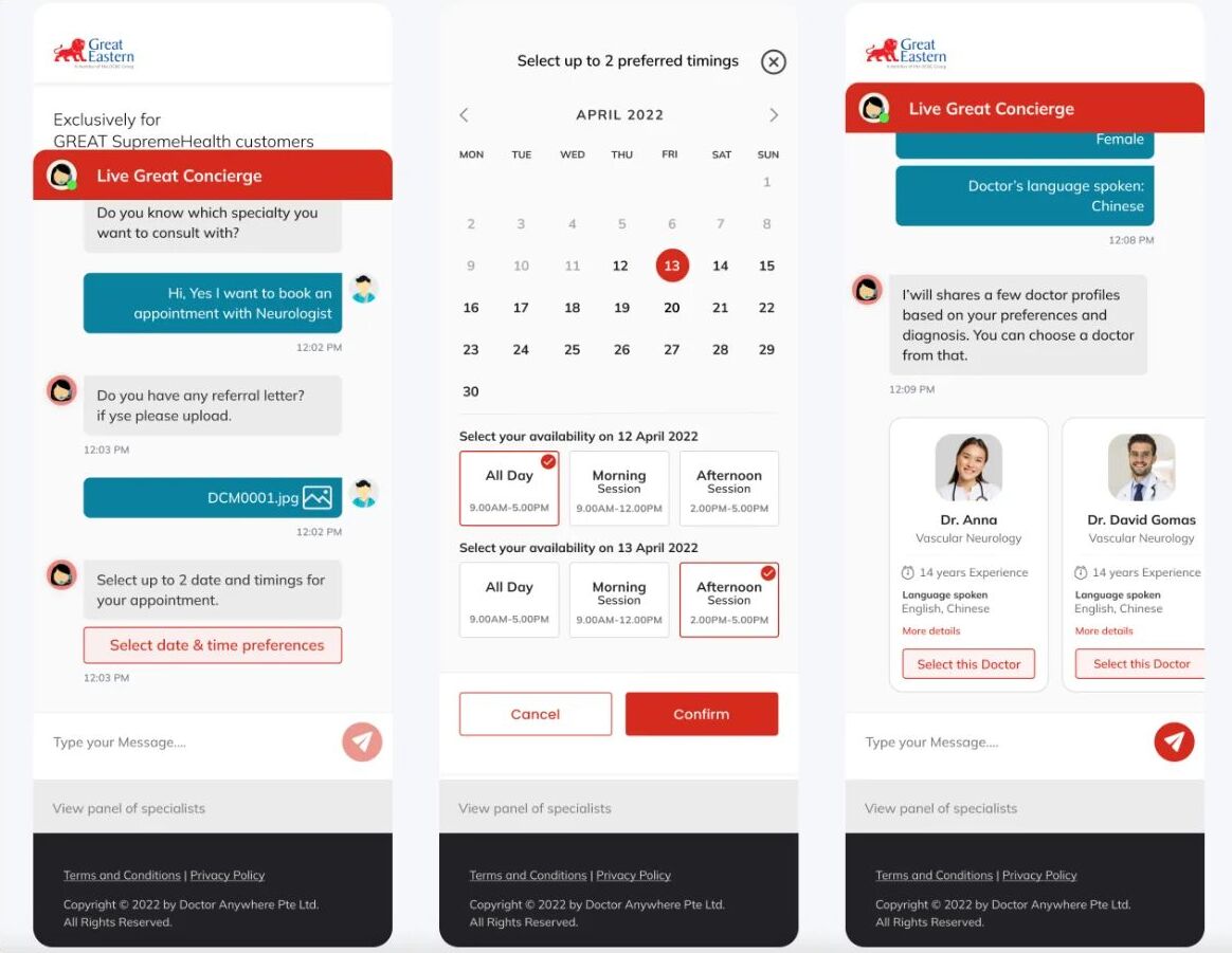 Three high-fidelity Great Eastern concierge screens showing referral upload, preferred date and time selection, and recommended specialist cards
